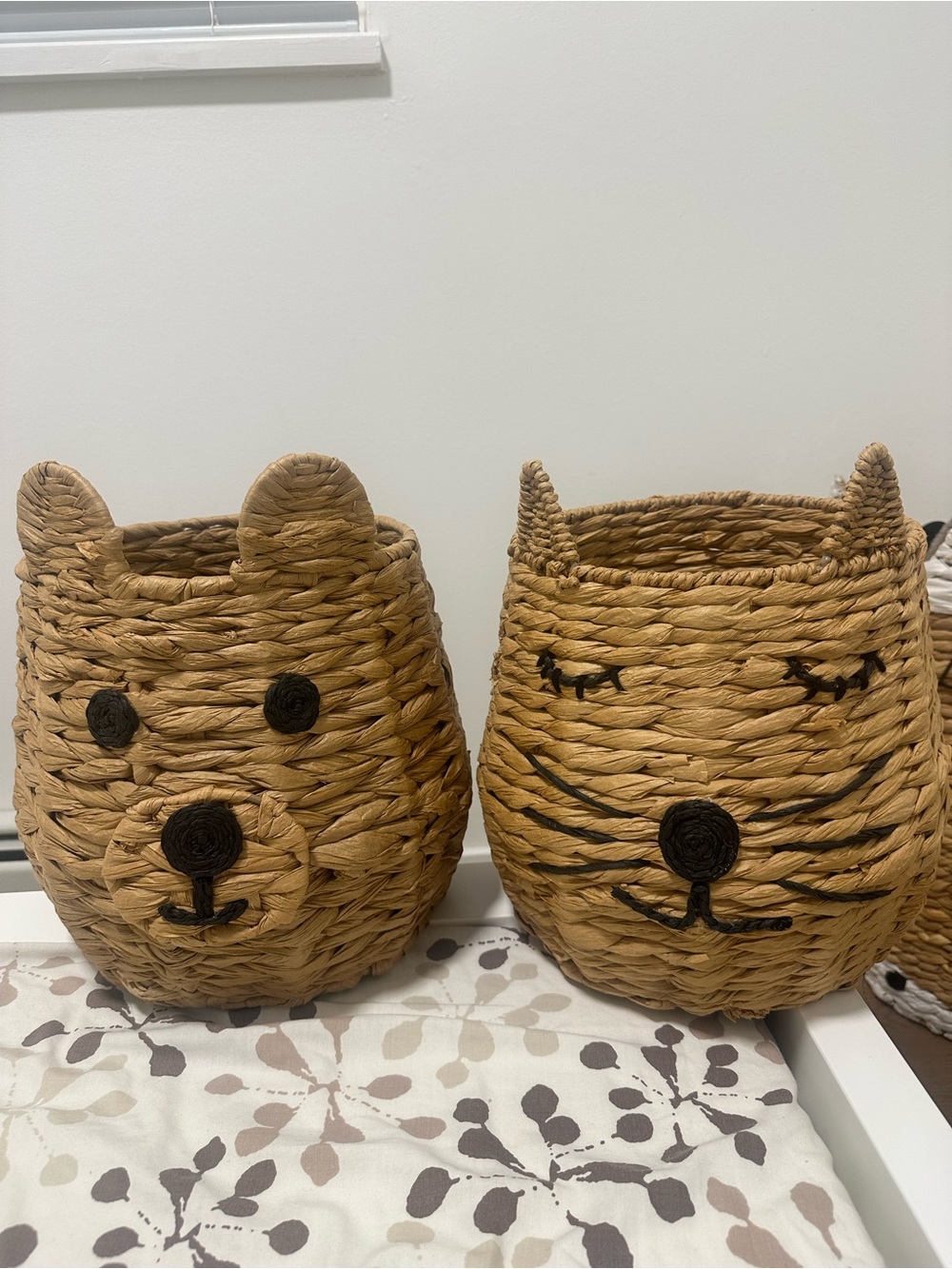 Woven Natural Brown Cat and Bear Face Storage Basket - Decorative Home Accent